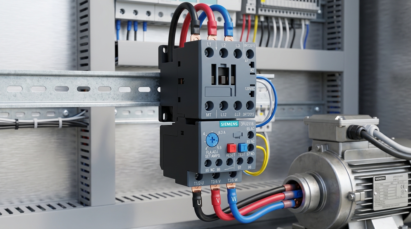 Overload relay function in motor protection shown in a DOL starter panel