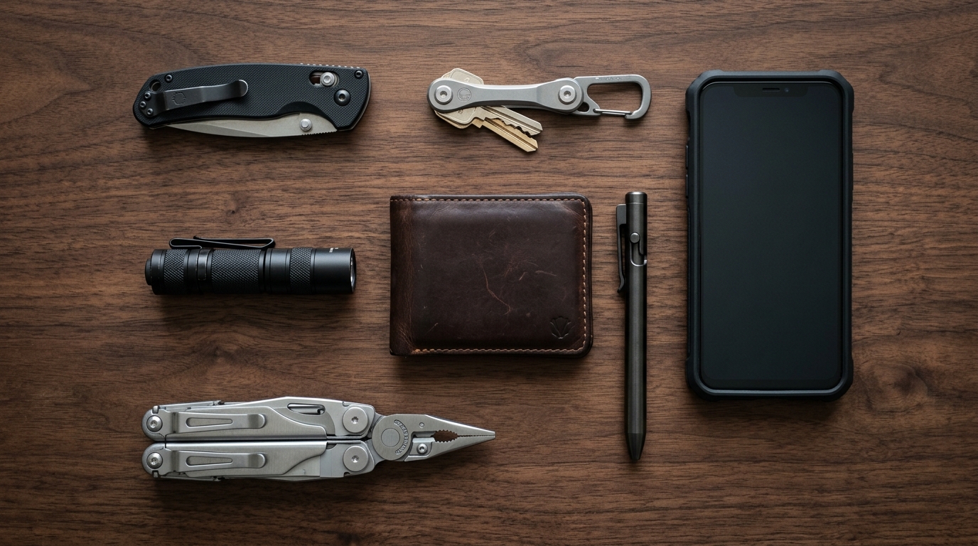 Organized EDC checklist flat lay showing everyday carry essentials