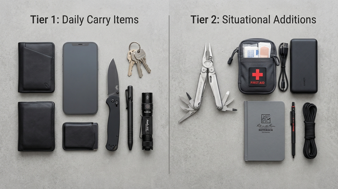 Tier 1 vs Tier 2 EDC checklist comparison flat lay