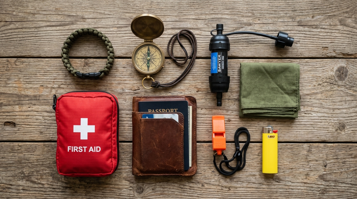 Outdoor travel EDC checklist essentials laid out including paracord, compass, water filter, and first aid kit
