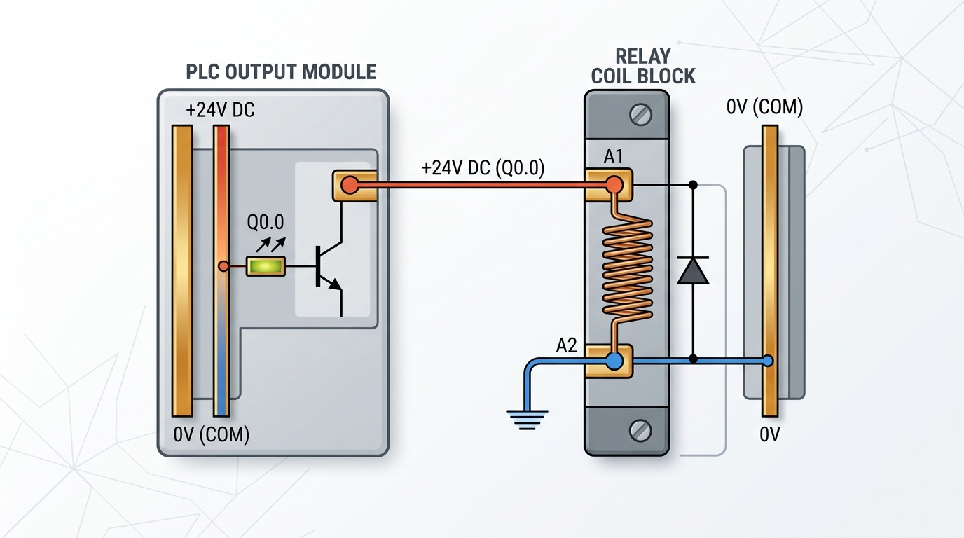 info-1-1 24V DC relay wiring diagram for PLC sourcing PNP output to coil A1 A2