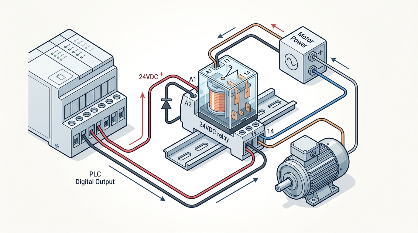 info-1-1 24V DC relay wiring diagram for PLC showing coil, flyback diode, and load contacts