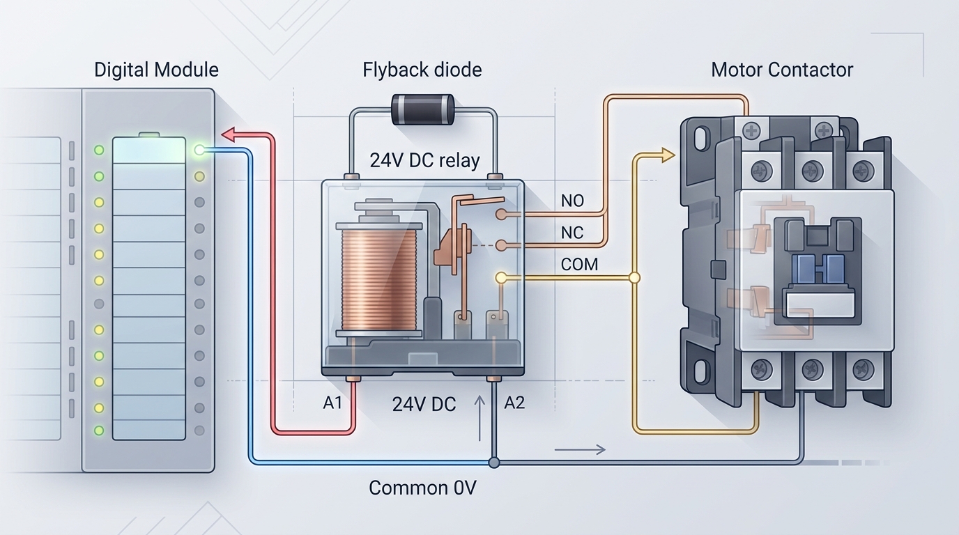 info-1-1 24V DC relay wiring diagram for PLC with labeled A1 A2 coil terminals flyback diode and NO NC COM contacts