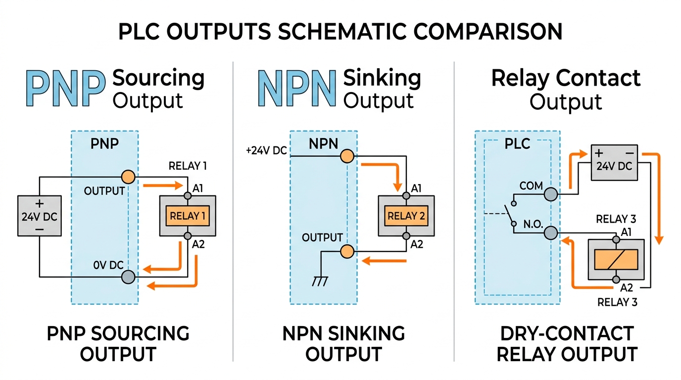 info-1-1 PLC output types sinking sourcing and relay compared for 24V DC relay wiring