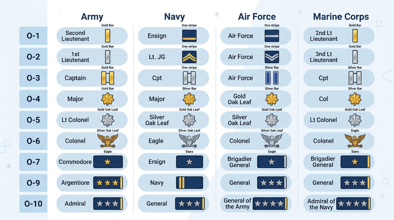 Commissioned officer ranks O-1 to O-10 comparison chart Army Navy Air Force Marines