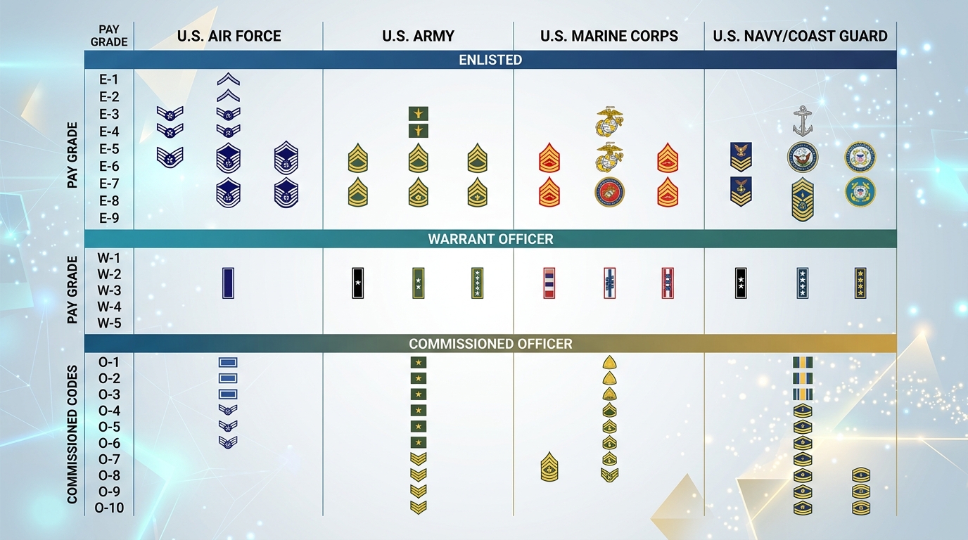 Military Ranks Explained chart for Army Navy Air Force and Marines by pay grade