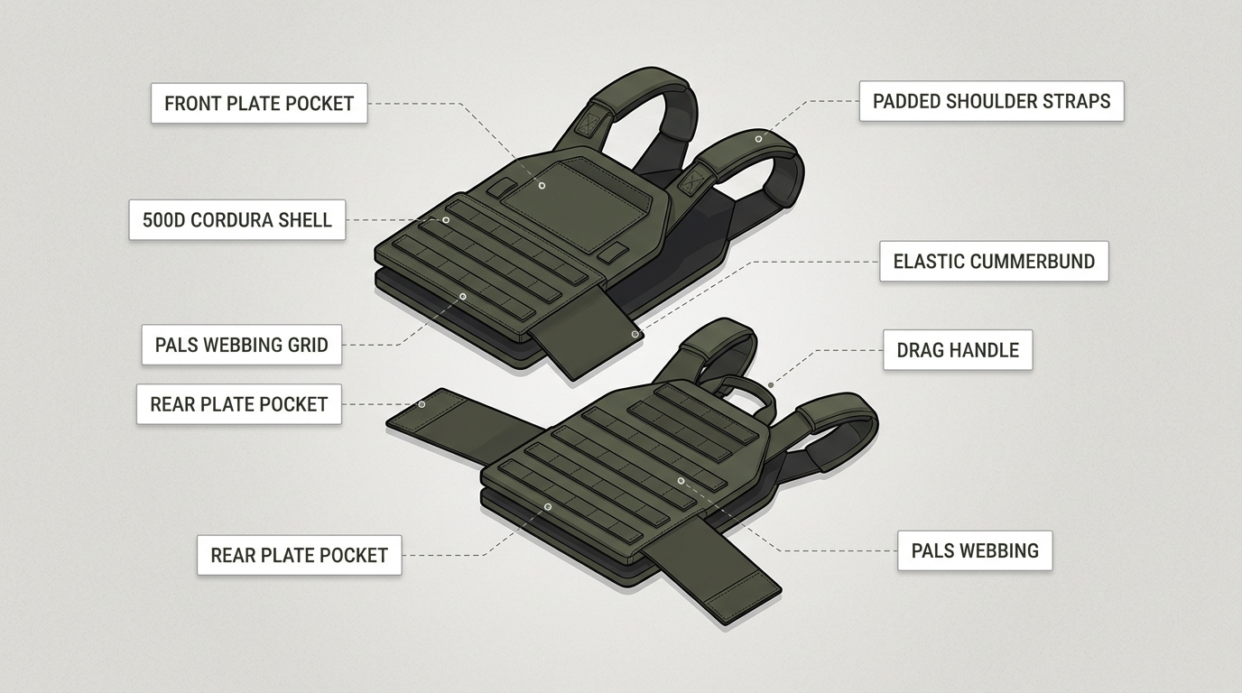 Plate carrier anatomy diagram showing MOLLE webbing, cummerbund, and plate pocket components