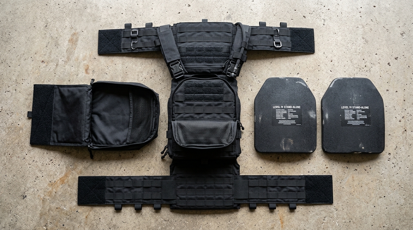 What is a plate carrier shown disassembled with ballistic plates