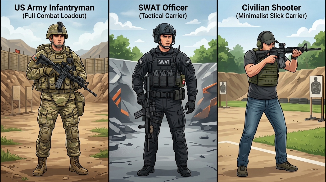 Who uses a plate carrier — military, law enforcement, and civilian setups compared