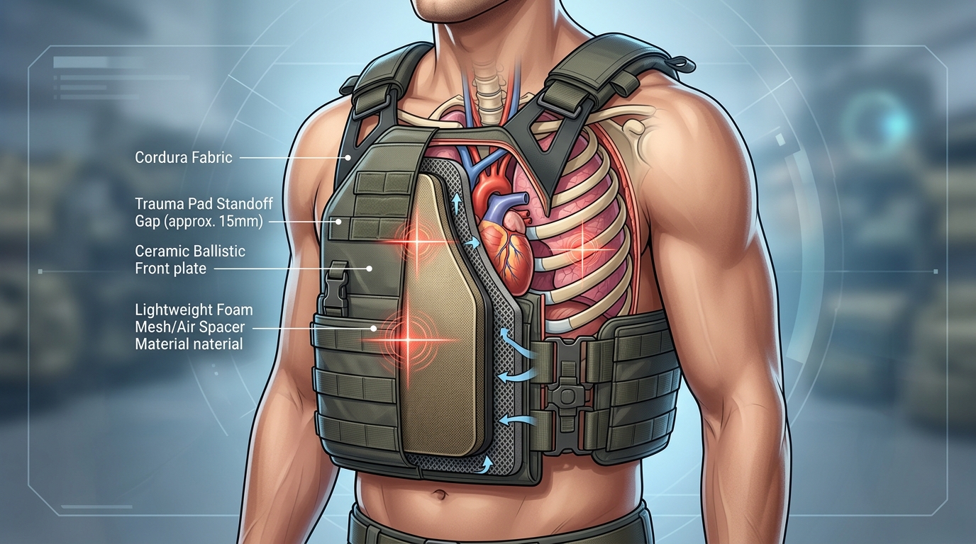 How a plate carrier works with ballistic plates showing plate placement and trauma pad standoff