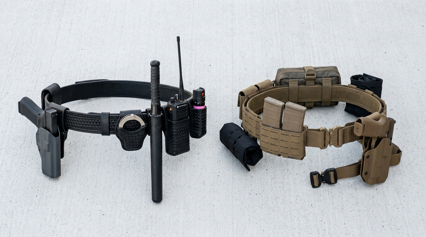 Battle belt vs duty belt side-by-side comparison showing key differences in gear loadout