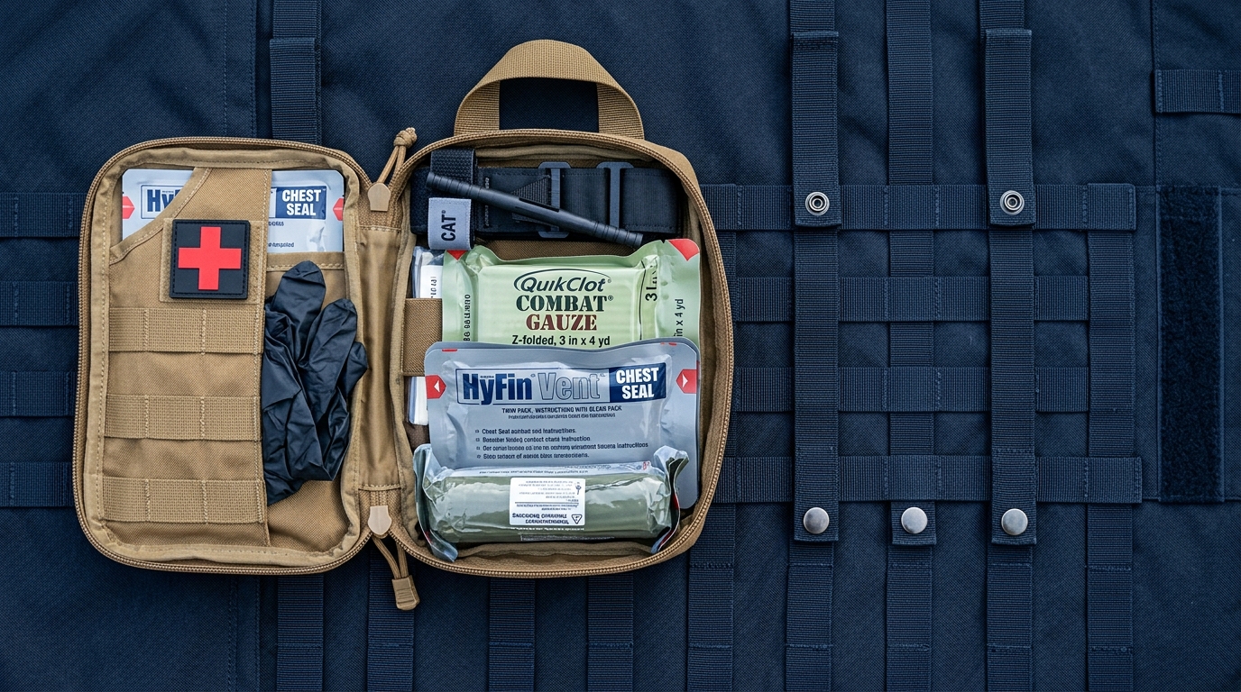 What is an IFAK pouch shown opened with individual first aid kit contents laid out