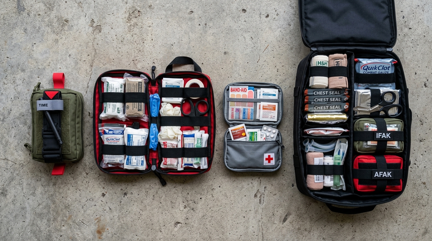 IFAK pouch vs AFAK vs boo-boo kit vs full trauma bag size and contents comparison