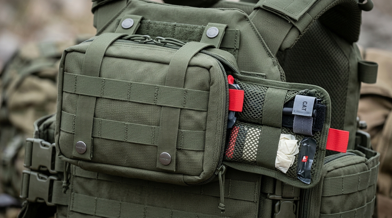 Vancharli Outdoor IFAK pouch construction detail showing reinforced MOLLE webbing and tear-away backing