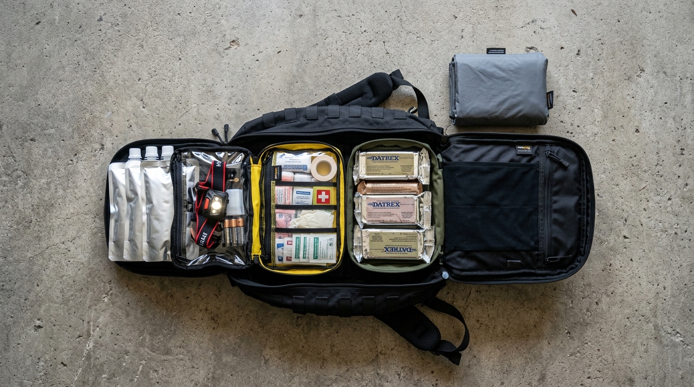What is a 72 hour bag contents flat lay showing three-day emergency supplies