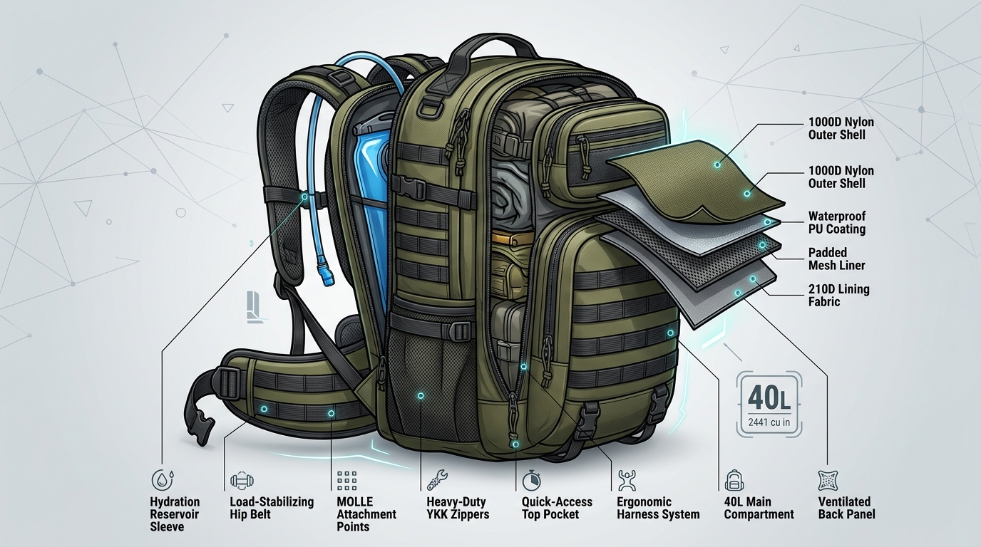Vancharli Outdoor 72 hour bag construction showing hip belt hydration sleeve and MOLLE attachment points