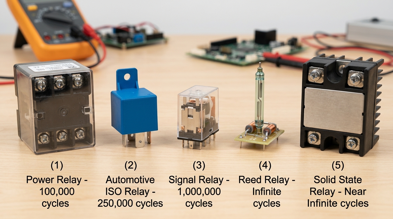 Comparison of relay types showing lifetime expectancy number of operations for power, automotive, signal, reed, and solid-state relays