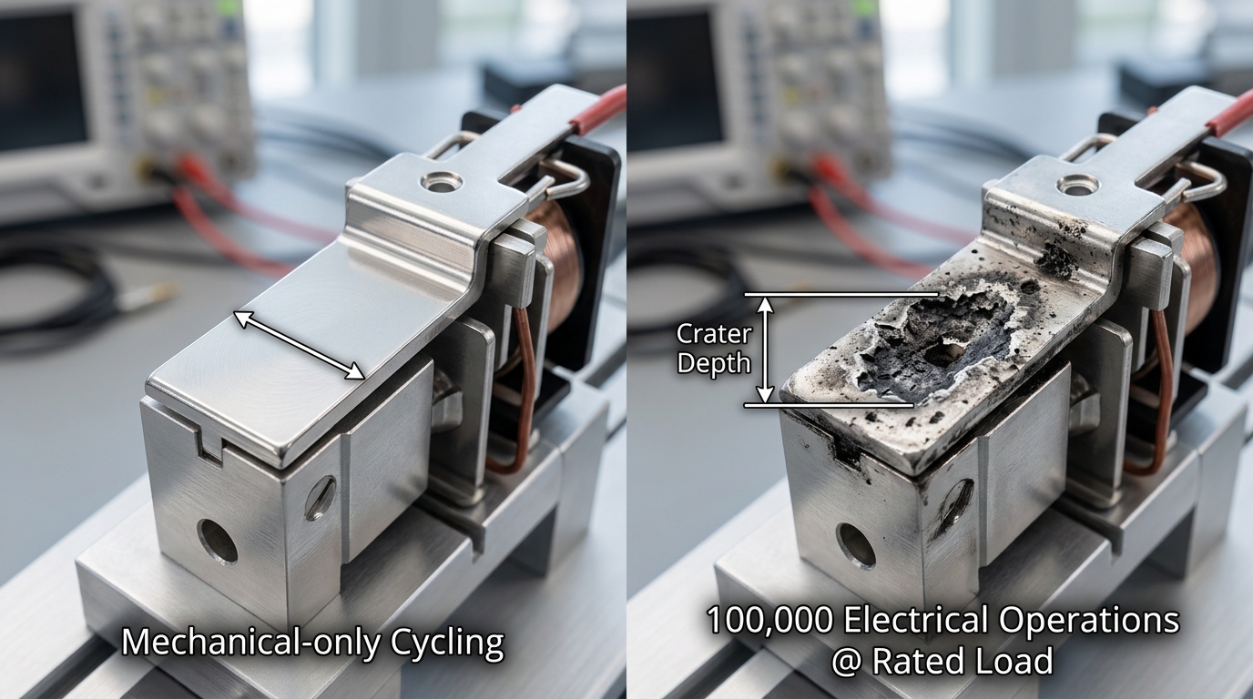 Comparison of mechanical vs electrical wear on relay contacts showing arc erosion craters