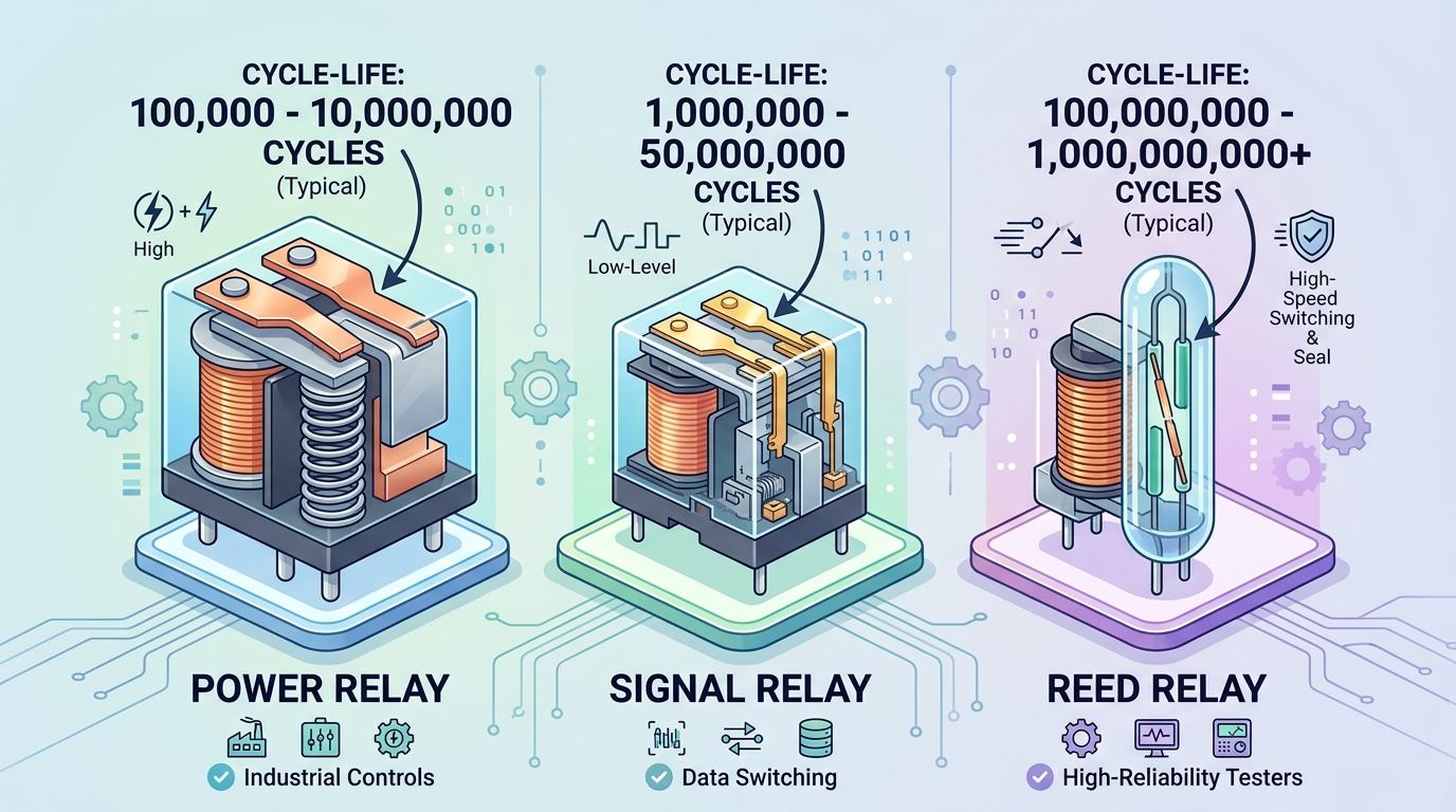 Relay lifetime expectancy number of operations comparison across power, signal, and reed relay types