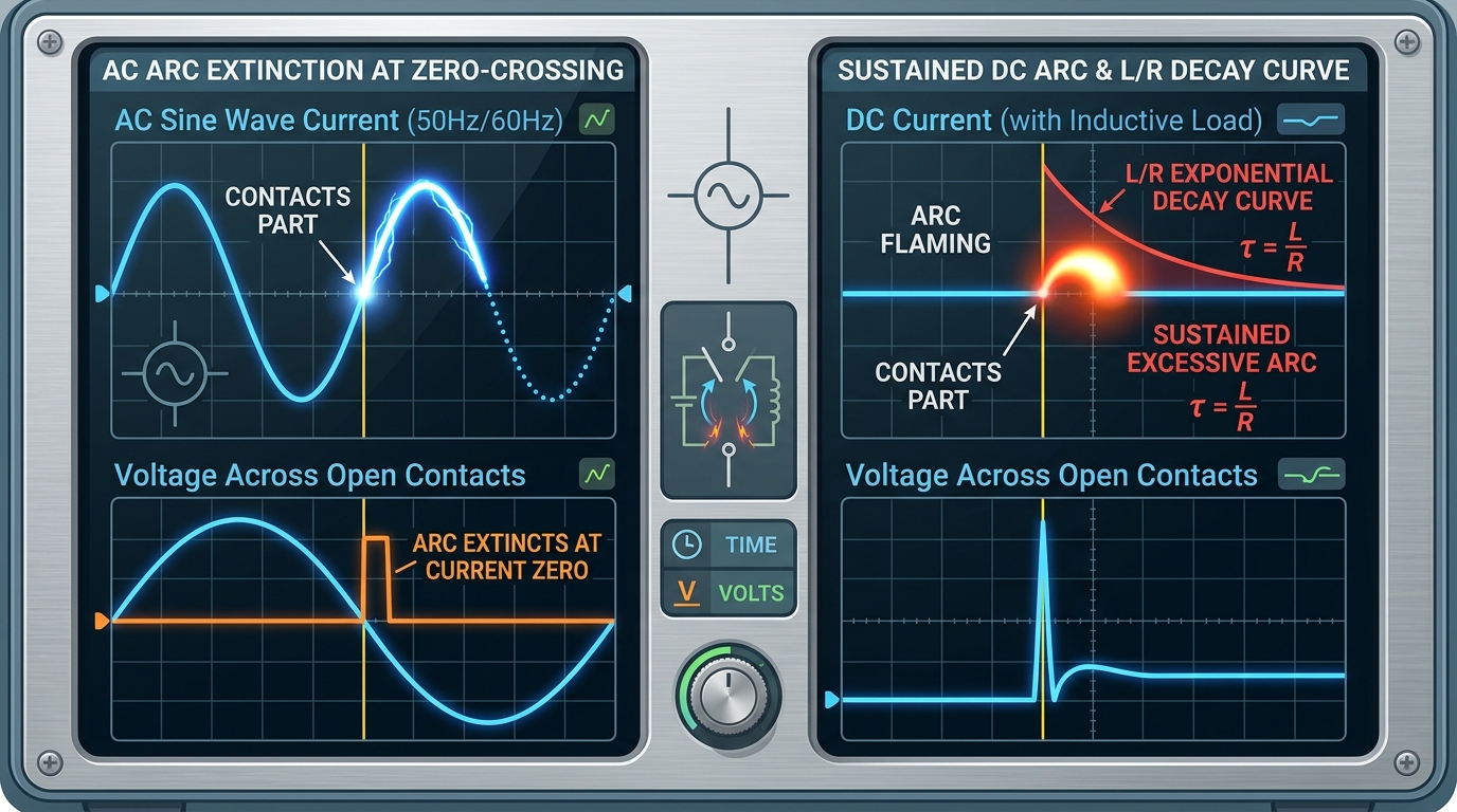 AC vs DC arc behavior explaining different relay contact rating amps and volts