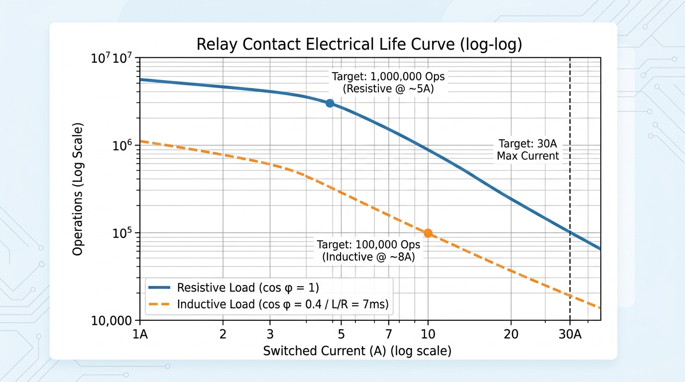 Relay contact life vs load current log-log curve showing how derating amps and volts extends electrical life