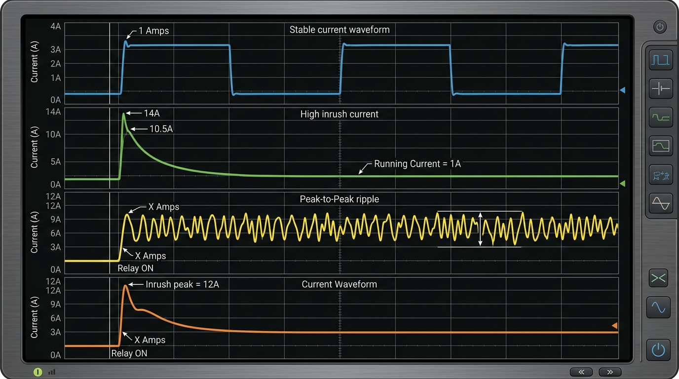 Inrush current comparison for resistive, lamp, capacitive, and motor loads affecting relay contact rating amps and volts