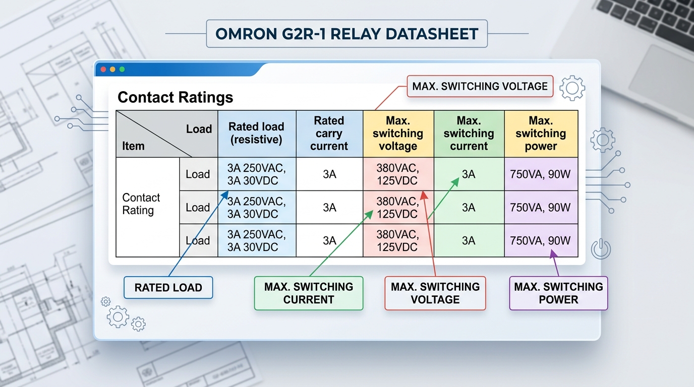 relay contact rating amps and volts annotated on Omron G2R-1 datasheet