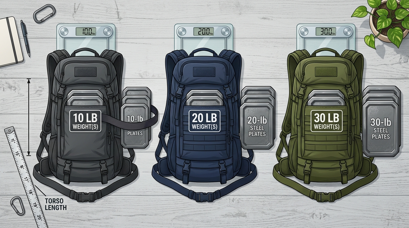 Beginner rucking weight progression chart showing 10 lb to 30 lb loads by bodyweight