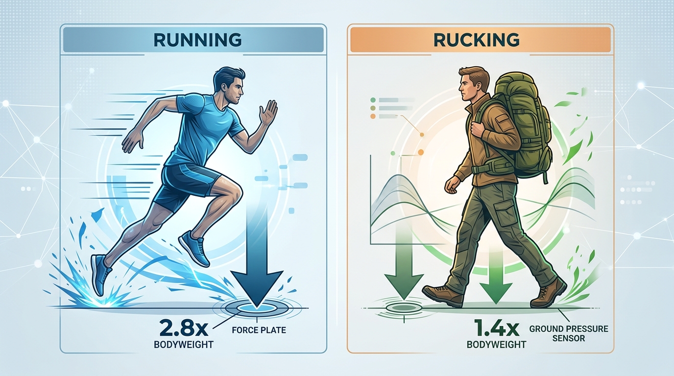 Rucking for beginners biomechanics comparison showing lower spinal load versus running