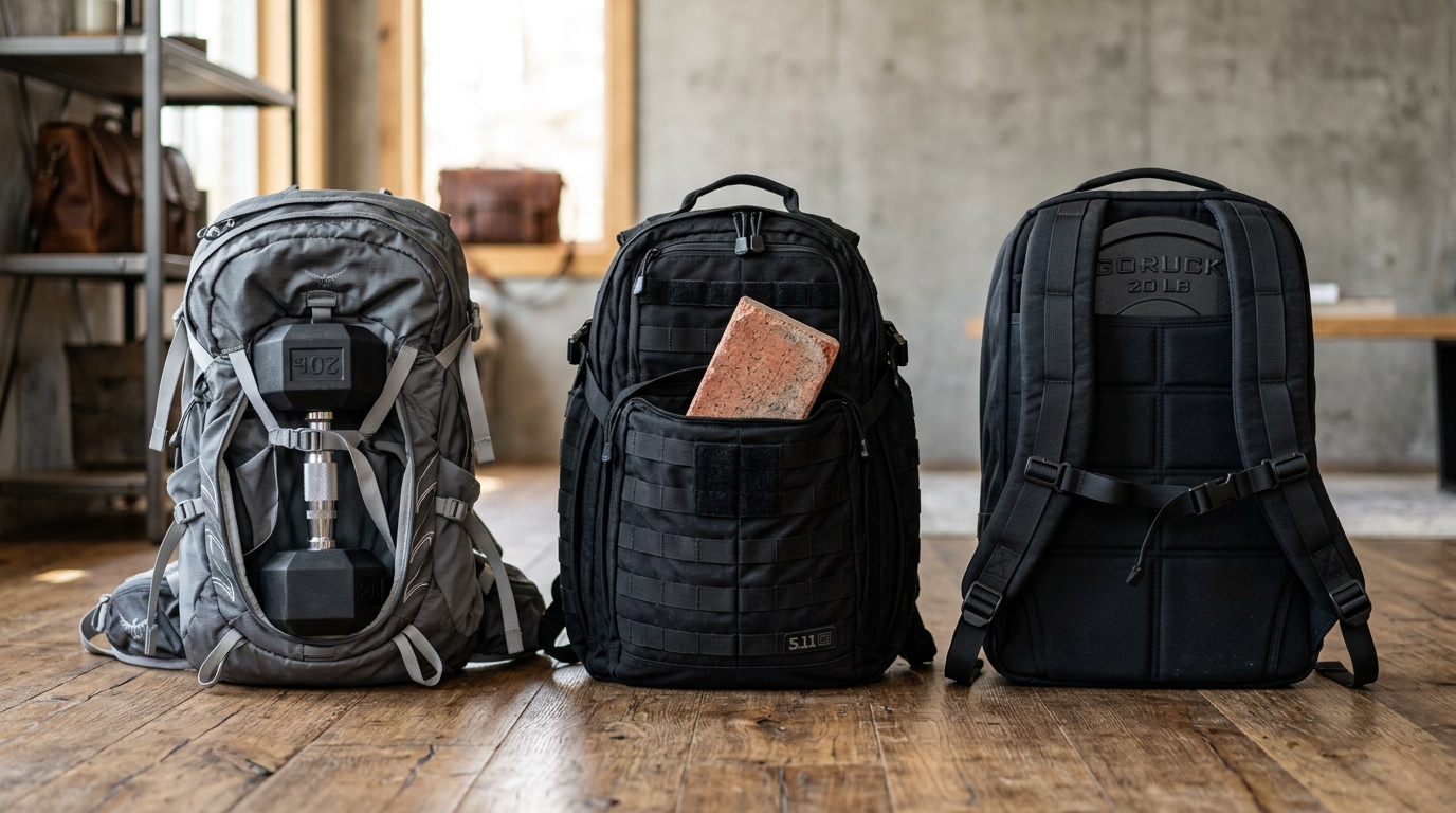 Rucking for beginners gear comparison showing three rucksack options and weight plate setups