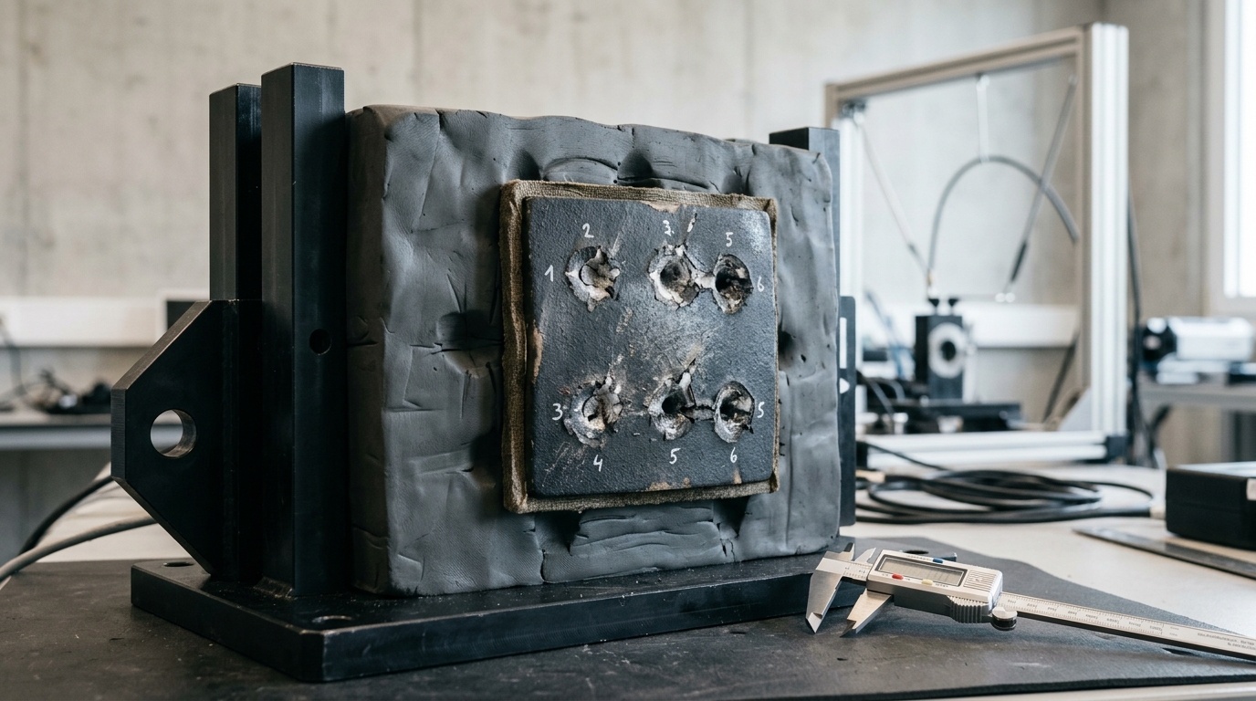 NIJ 0101.06 certification testing showing six-shot pattern and backface deformation measurement on Level IV plate
