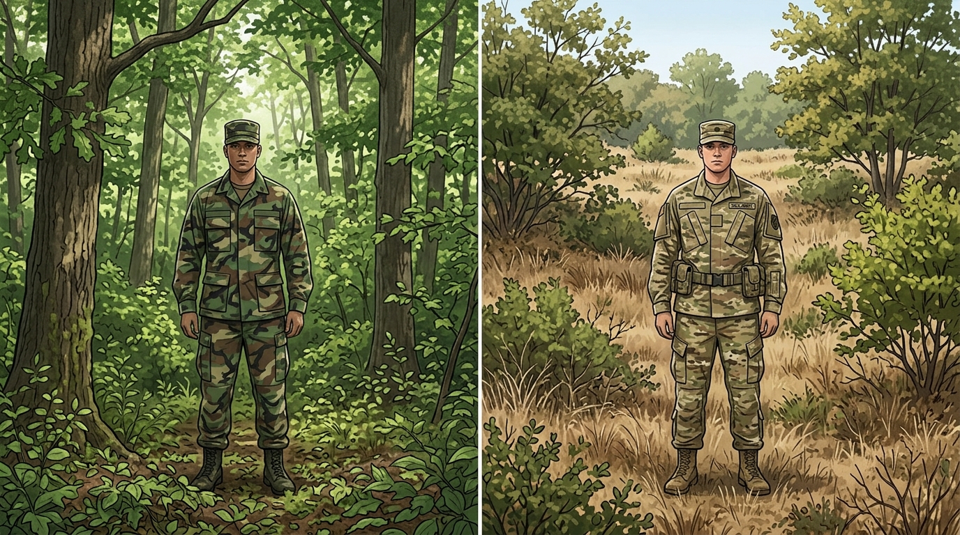 MultiCam vs M81 Woodland camouflage side by side field comparison in forest and scrub terrain