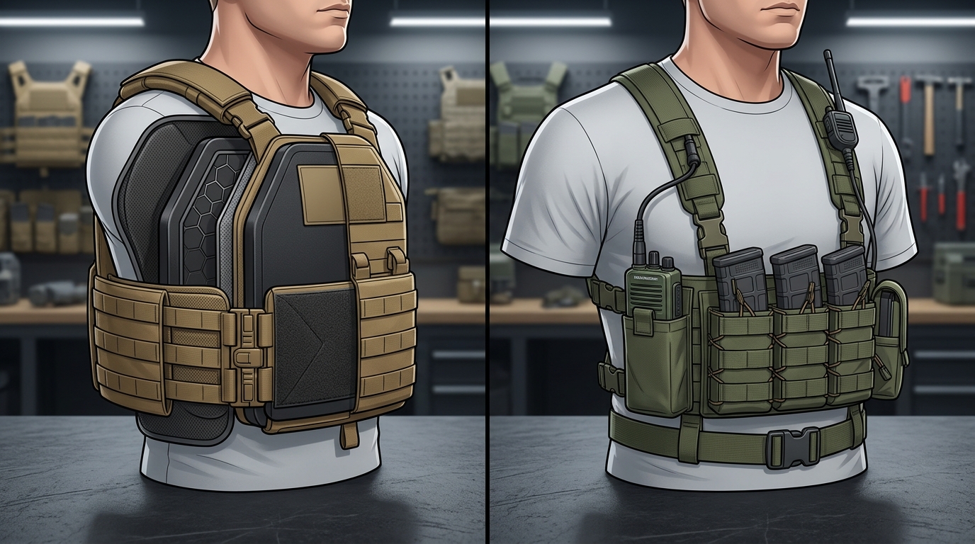 Plate carrier vs chest rig ballistic protection comparison showing Level IV plate construction