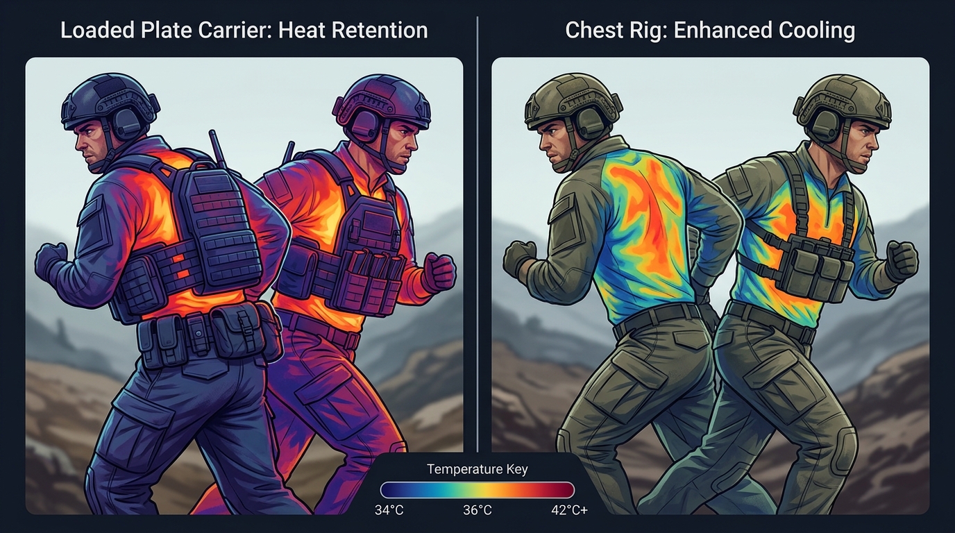 Plate carrier vs chest rig heat retention thermal comparison over 8-hour duty cycle