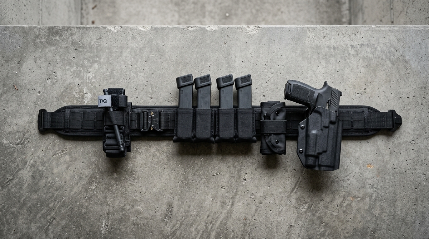 Battle belt setup showing holster, mag pouches, TQ, and dump pouch layout