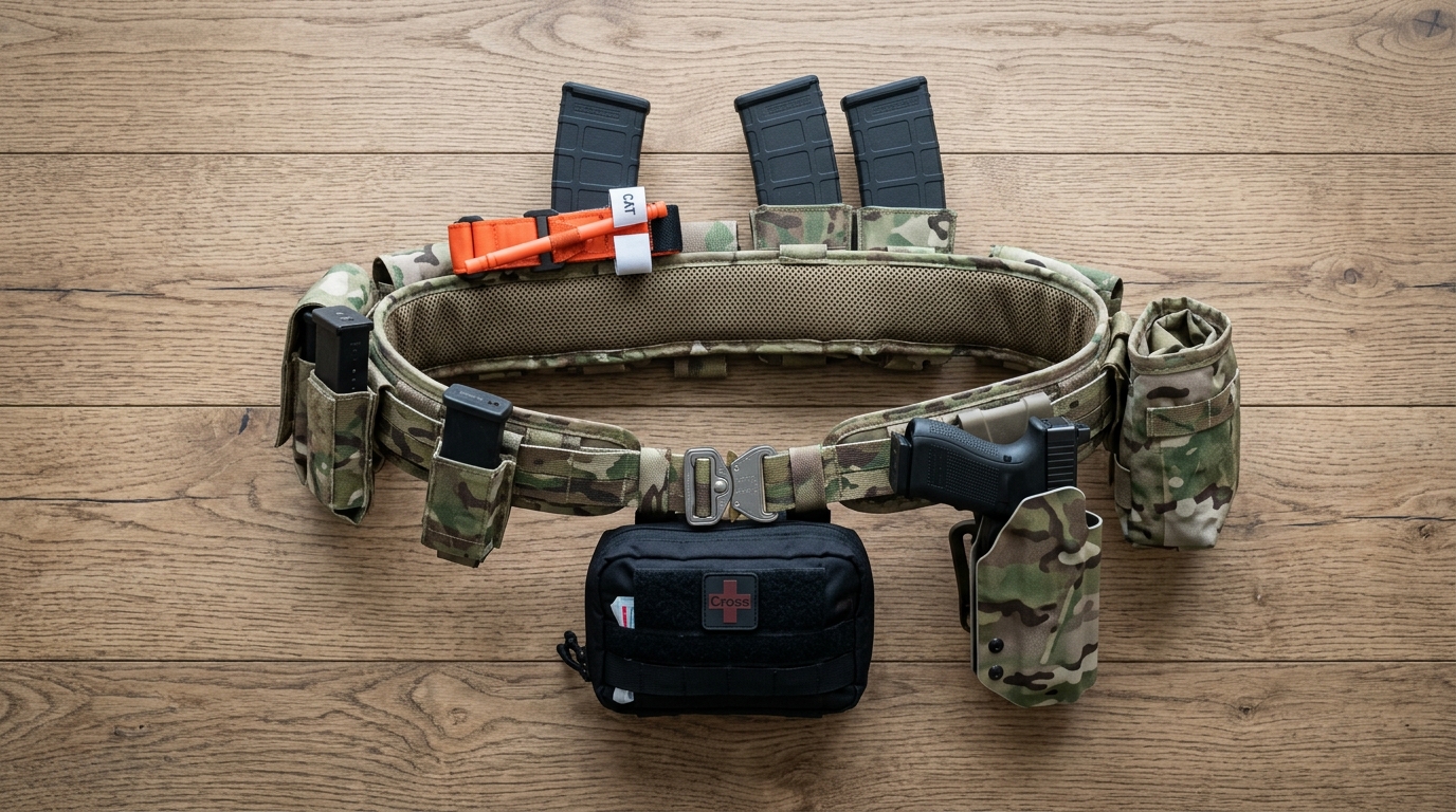 Battle belt pouch placement clock position diagram showing holster mags IFAK and dump pouch