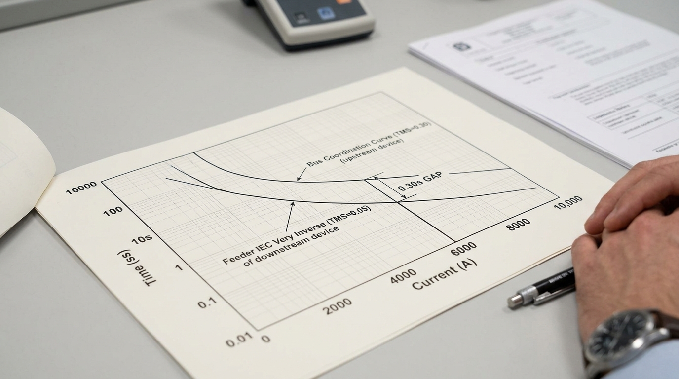 protective relay in power system coordination curve IEC very-inverse TMS settings