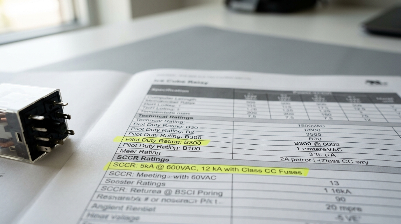 UL listed relay datasheet showing pilot duty B300 and SCCR ratings for North American panels