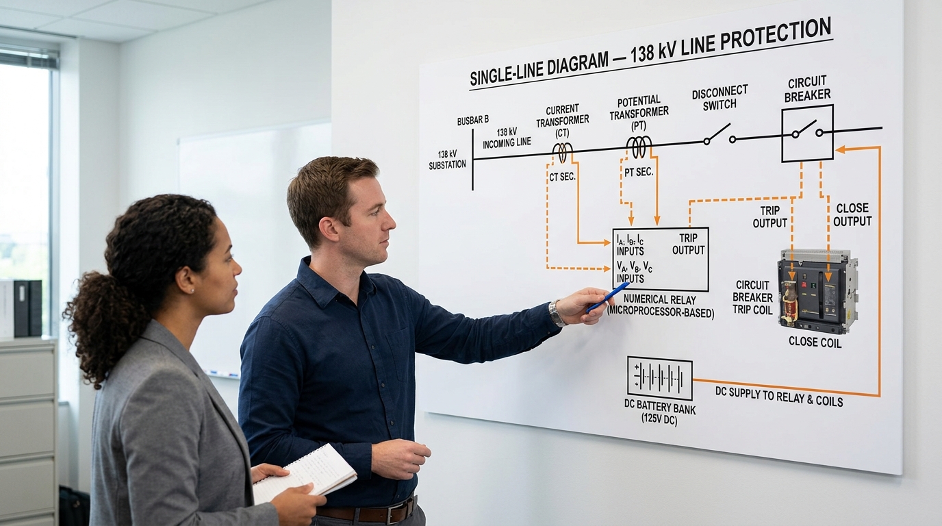 protective relay in power system three-component scheme with CT PT and trip coil