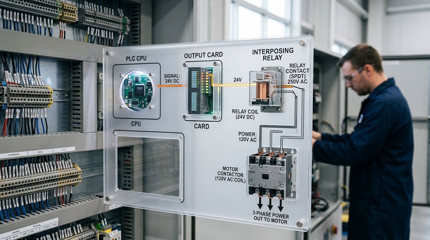 relay in PLC control system signal path from CPU output to load
