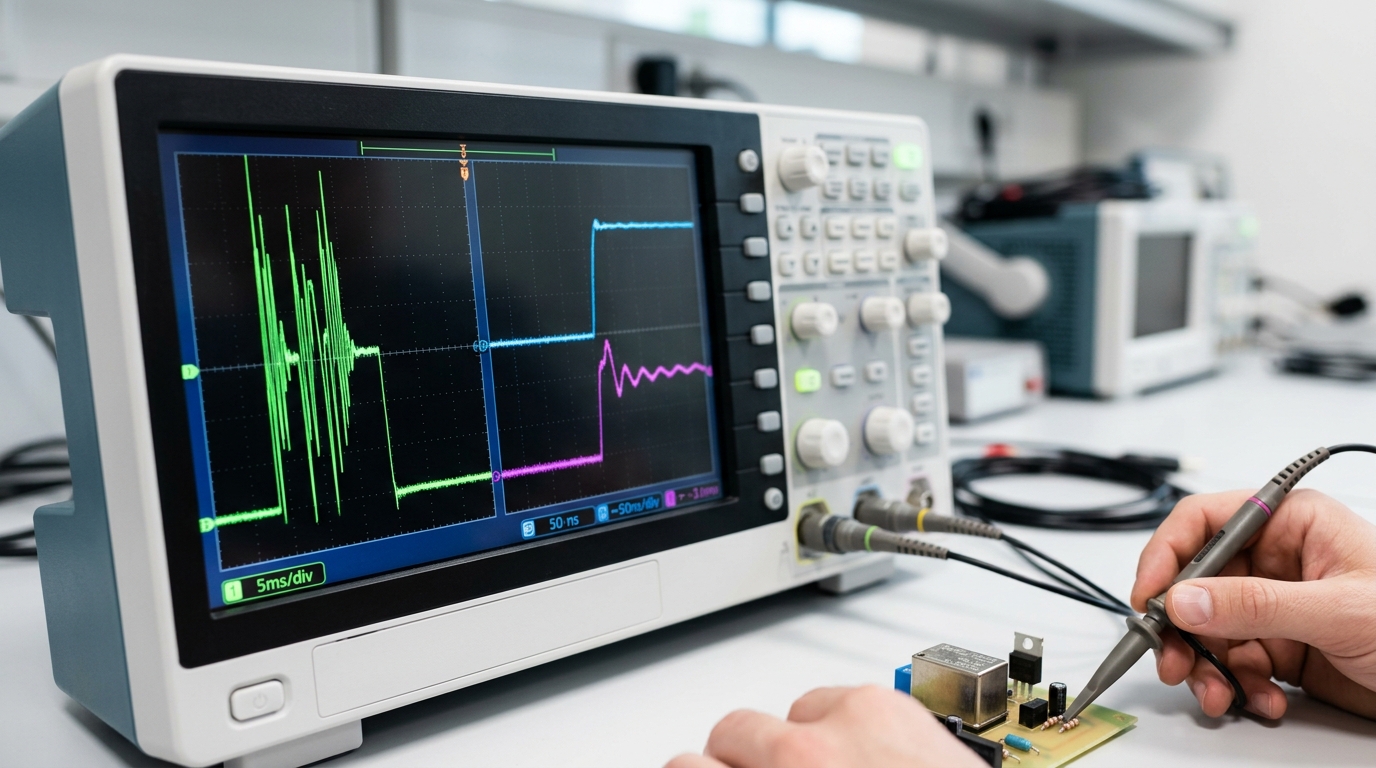 info-1-1 relay vs transistor switching speed comparison oscilloscope DC load