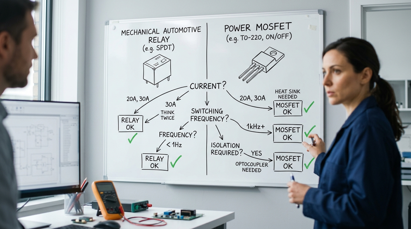 info-1-1 Relay vs transistor for switching DC load decision flowchart with current and frequency thresholds