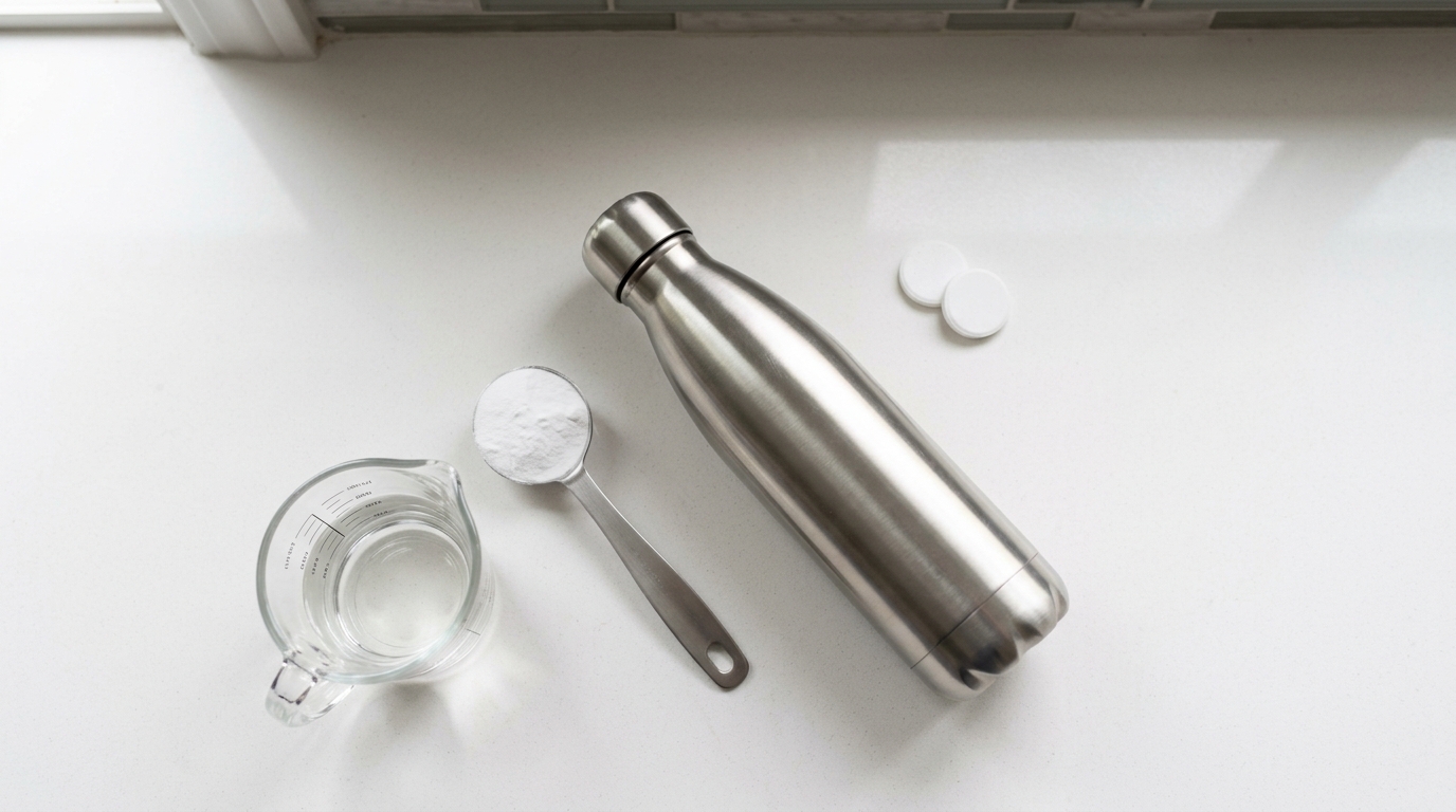supplies for deep cleaning a stainless steel water bottle with baking soda vinegar and denture tablets