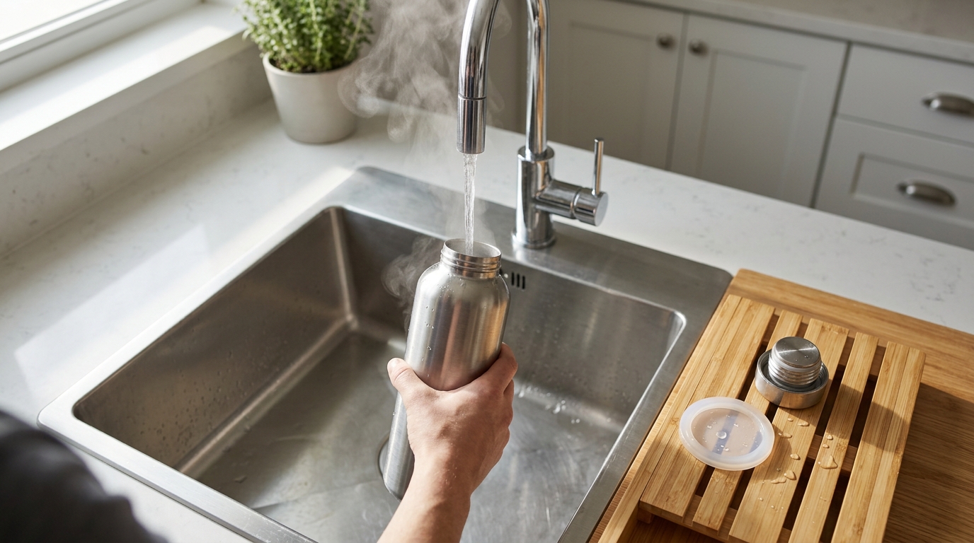 how to clean stainless steel water bottle with daily hot water rinse routine