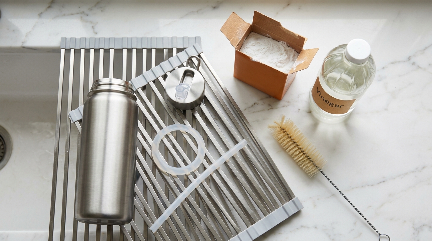 how to clean stainless steel water bottle with baking soda vinegar and bottle brush