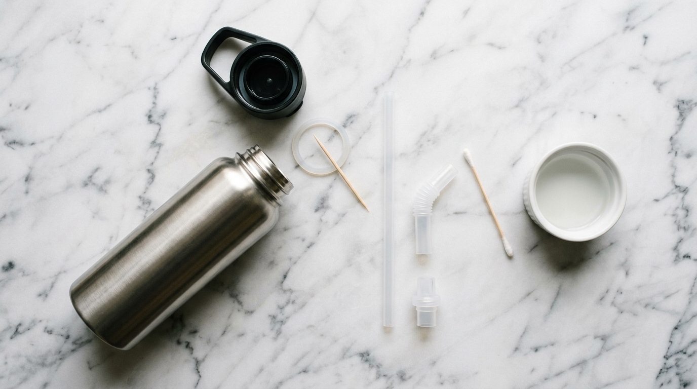 How to clean stainless steel water bottle lid gaskets and threaded collars with toothpick and vinegar swab