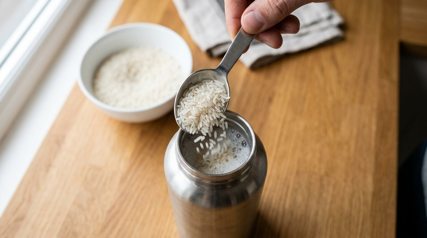 how to remove smell from stainless steel bottle using rice and warm water shake method