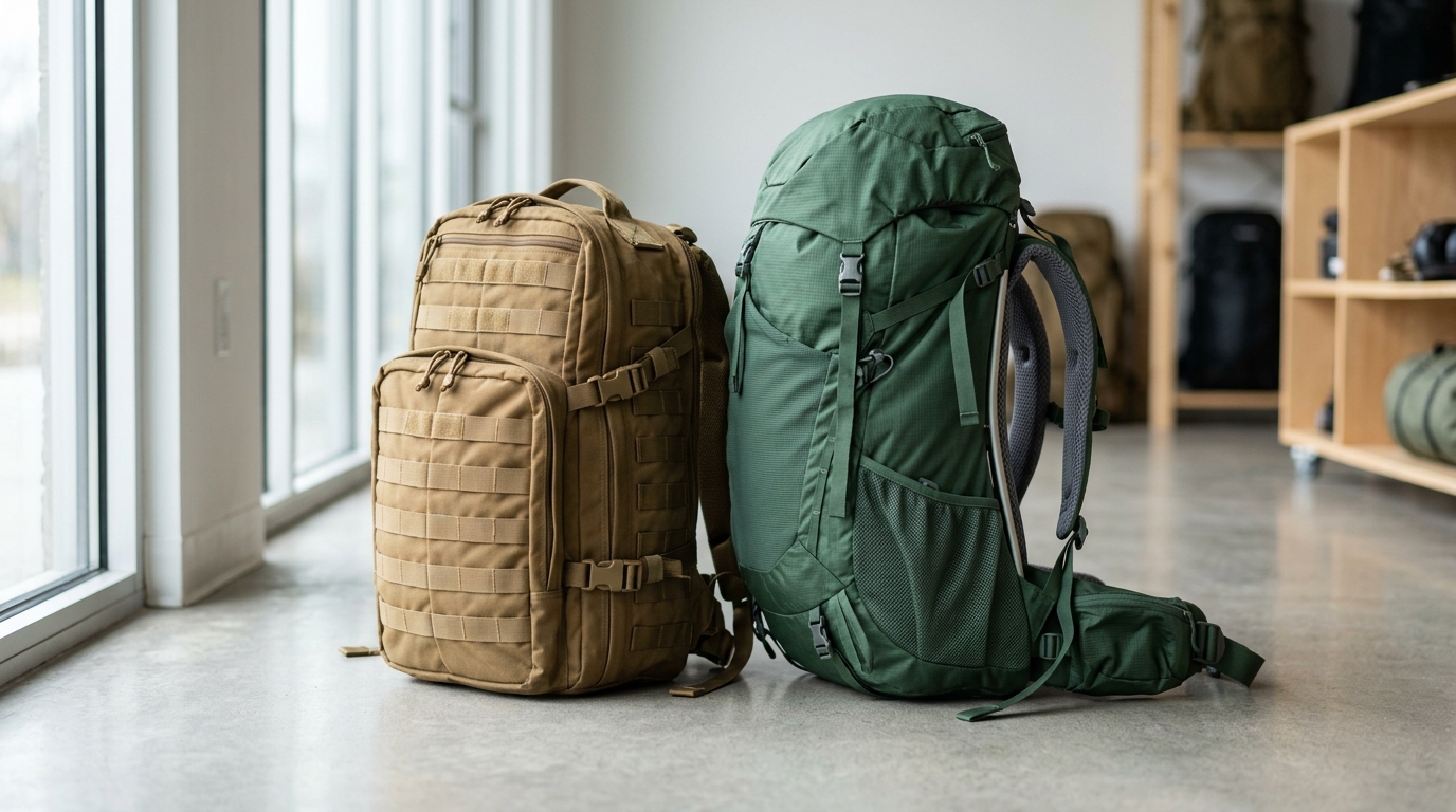 Tactical vs Hiking 5 Key Specs That Decide Winners 3 tactical backpack vs hiking backpack side by side comparison showing construction differences