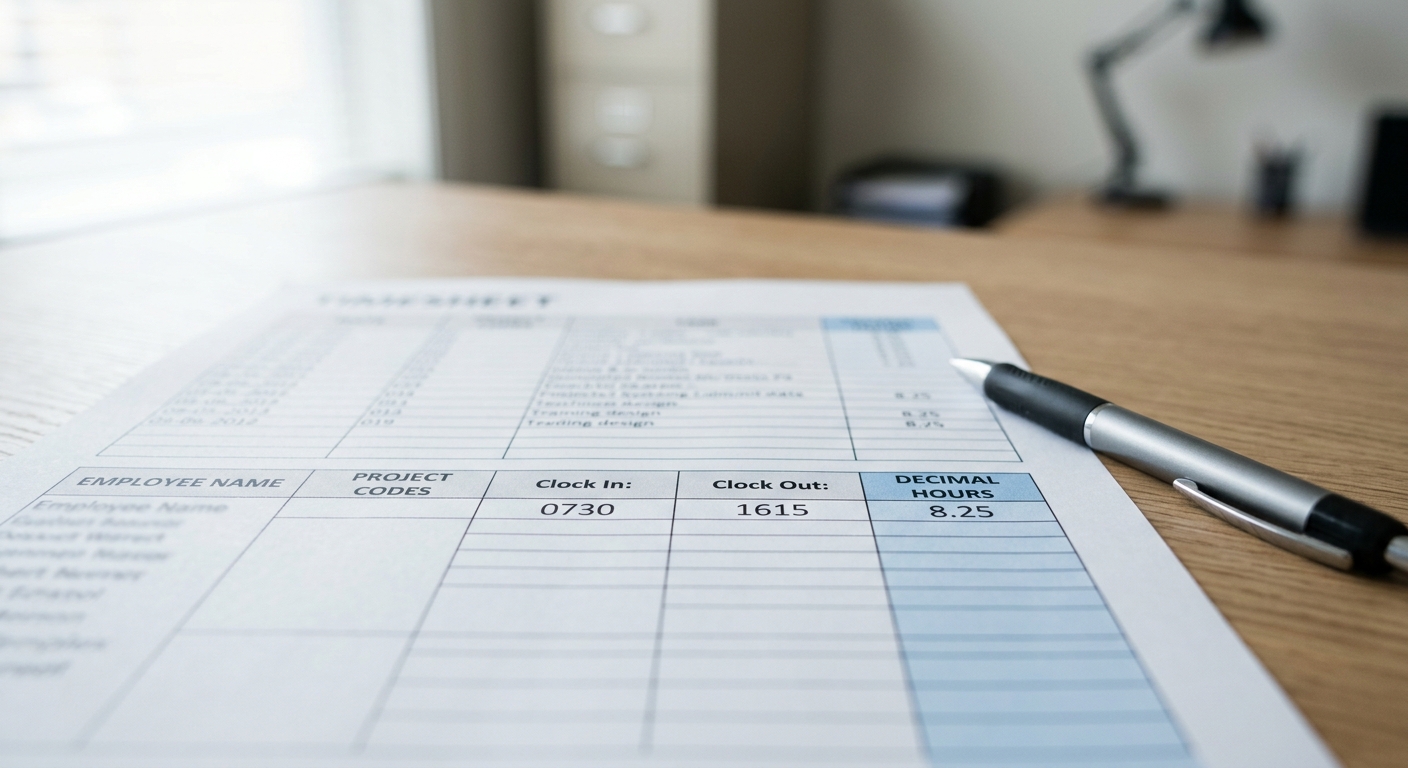 Military time chart payroll timesheet showing decimal hour conversion