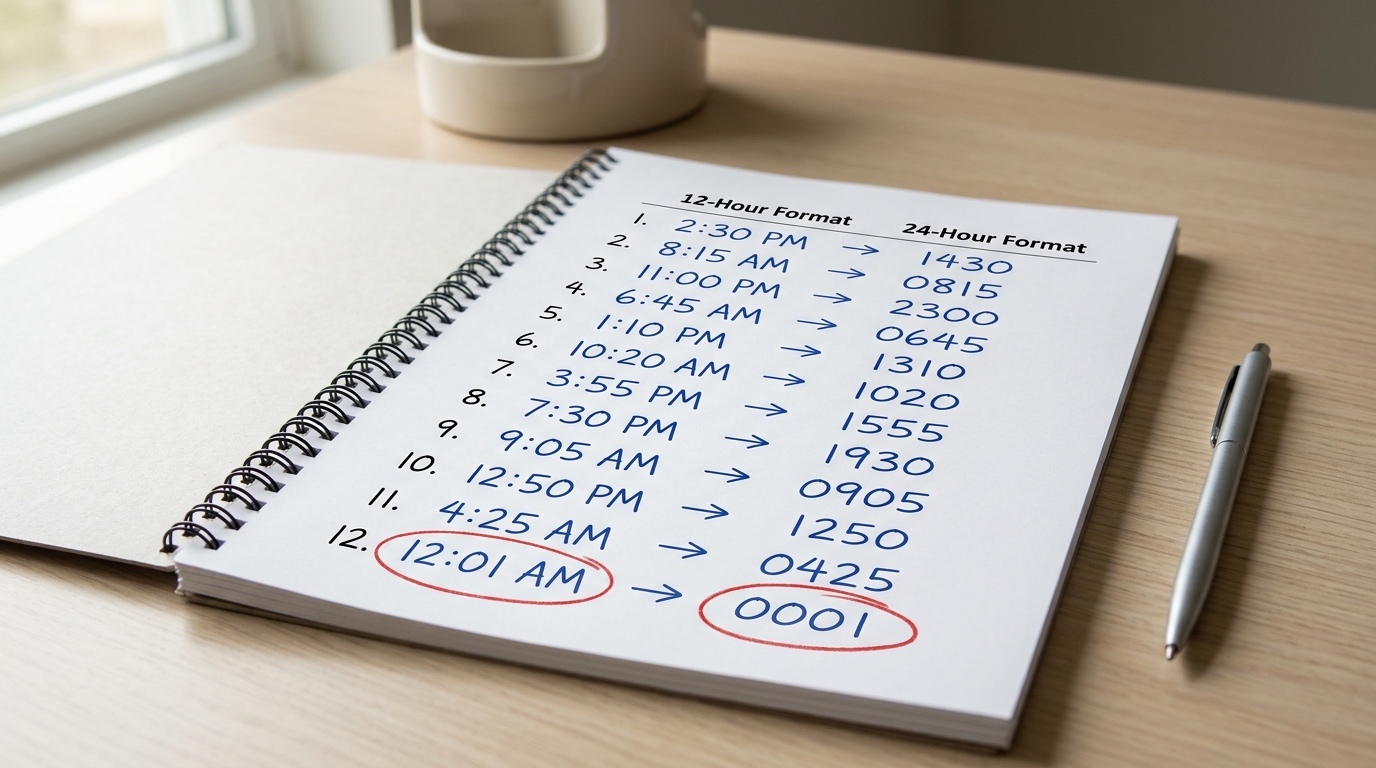 Military time chart with 12 worked conversion examples including 12:01 AM to 0001